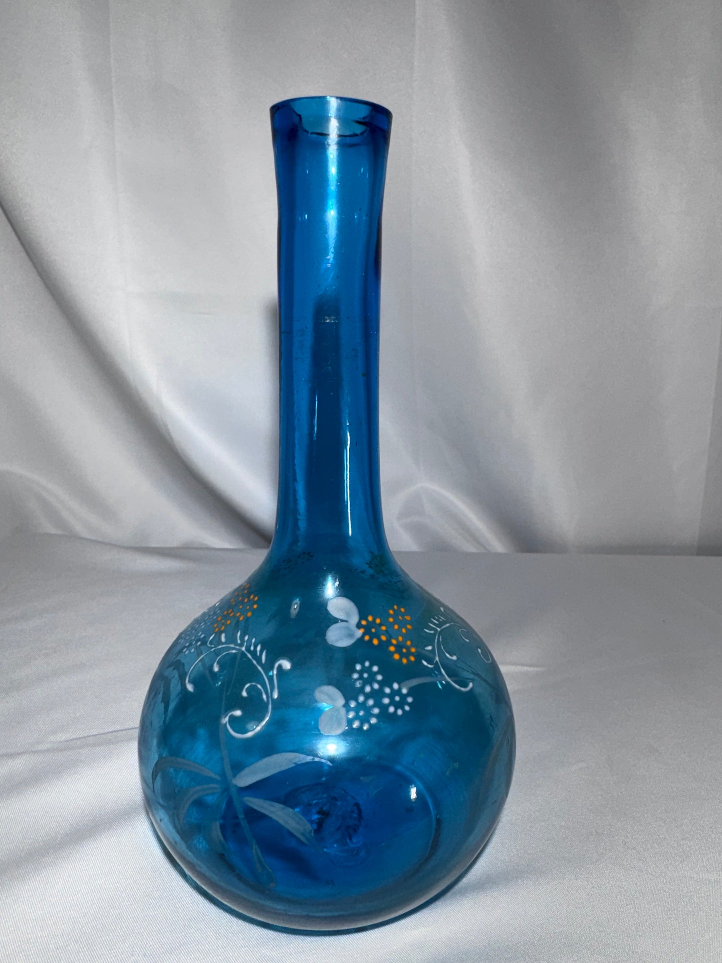 Antique Victorian Hand-Blown Blue Glass Barber Bottle – Hand-Painted Floral Enamel