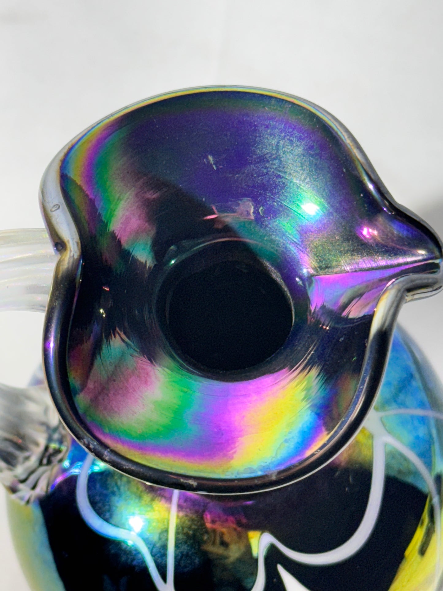 Fenton “Hanging Hearts” Iridescent Glass Cruet with Clear Handle & Iridescent Stopper