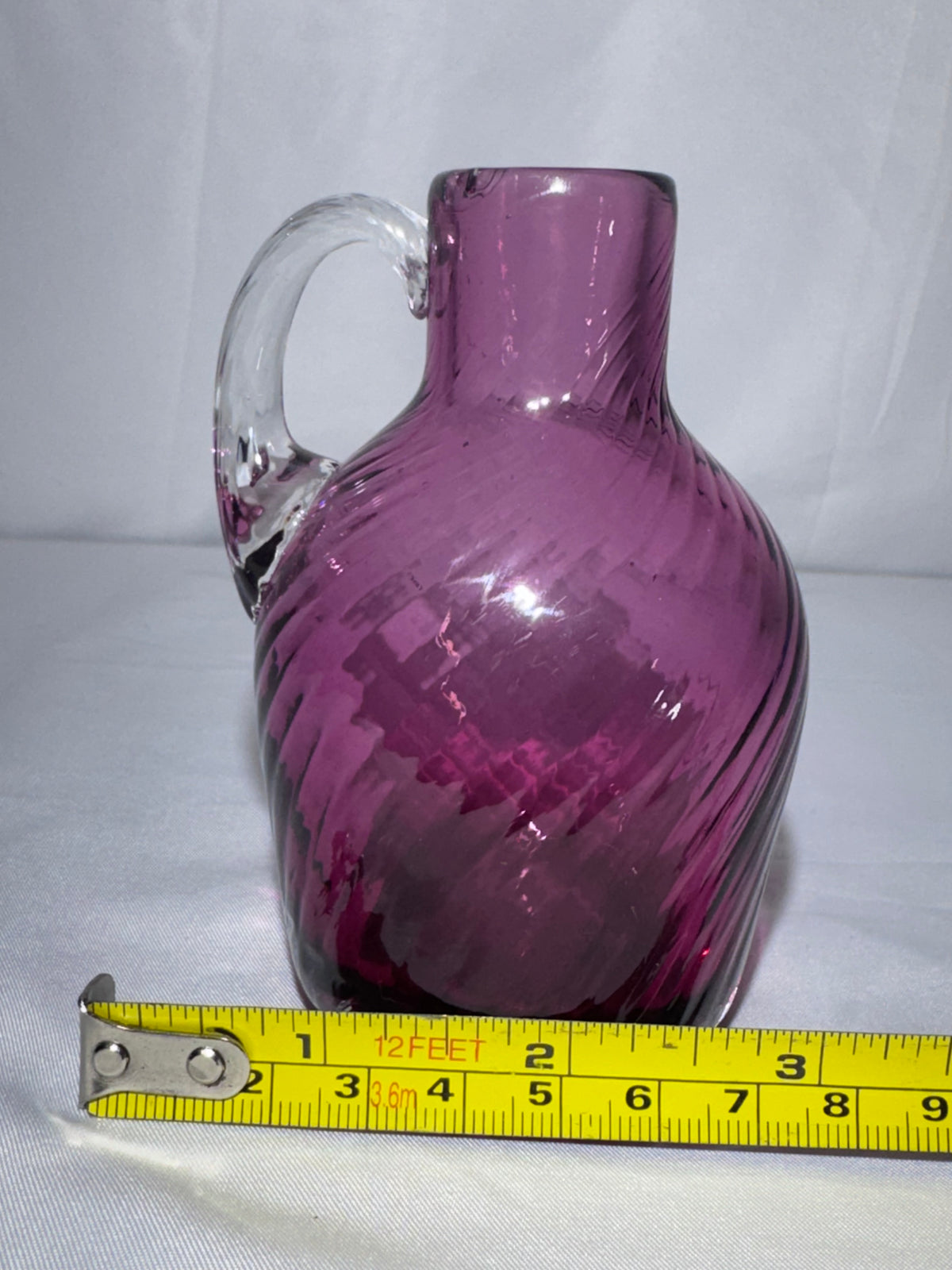 Vintage Hand-Blown Cranberry Art Glass Jug – Swirled Optic Pattern 70’s