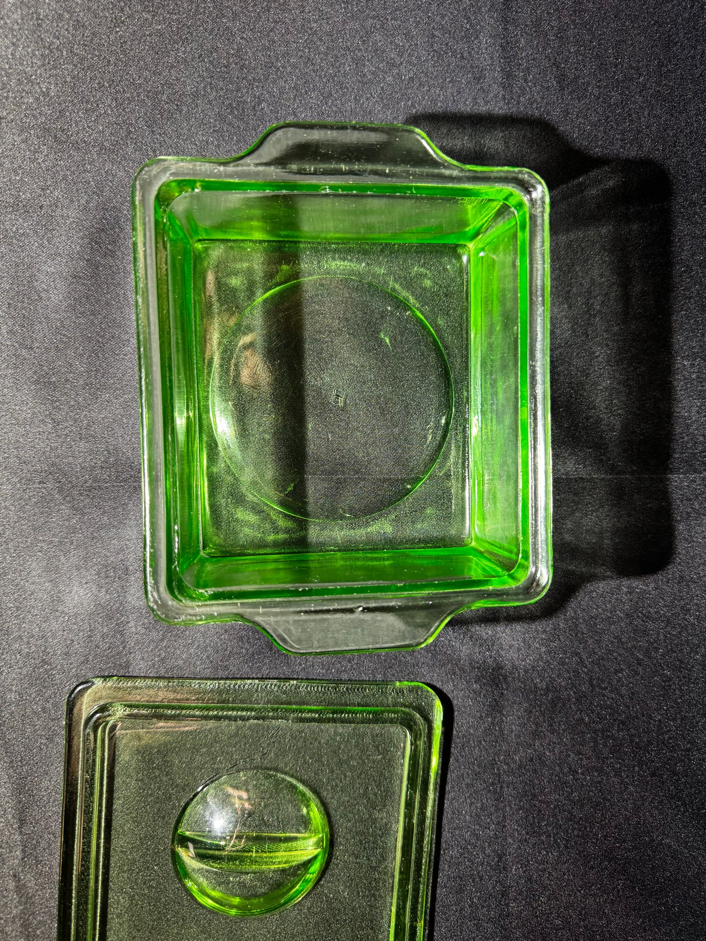 Vintage Hazel Atlas Uranium Glass Refrigerator Dish w/ Lid Green Depression Glass 6”
