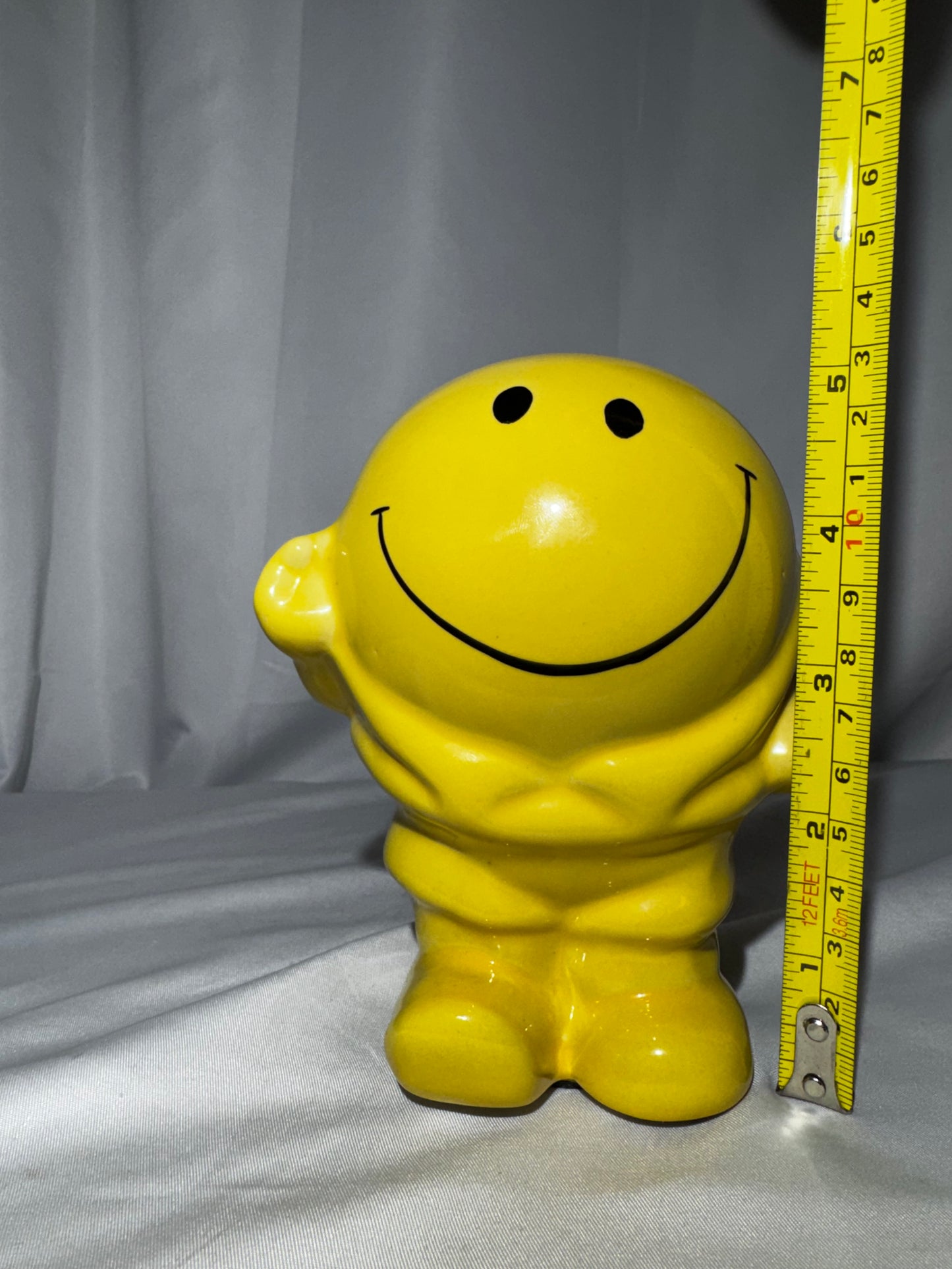 Vintage 1970s Yellow Smiley Face Man Ceramic Piggy Bank Coin Bank Retro Happy Face 5.5”