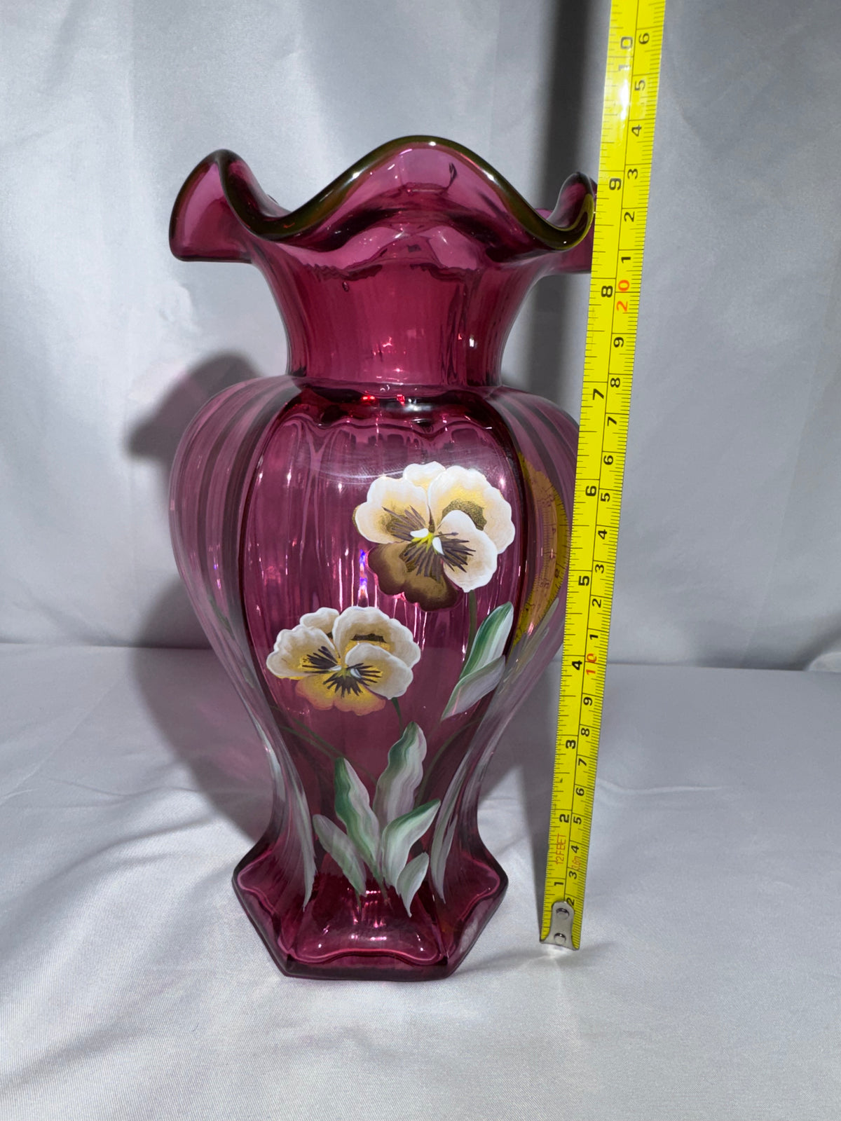 Fenton Art Glass Cranberry Vase Hand-Painted Pansies Signed 1995 George Fenton