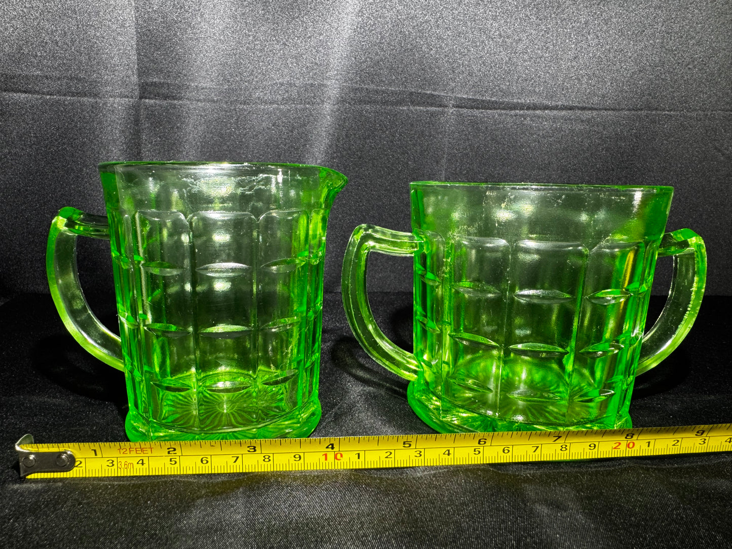 Vintage Hazel Atlas Colonial Block Green Uranium Depression Glass Creamer & Sugar Set