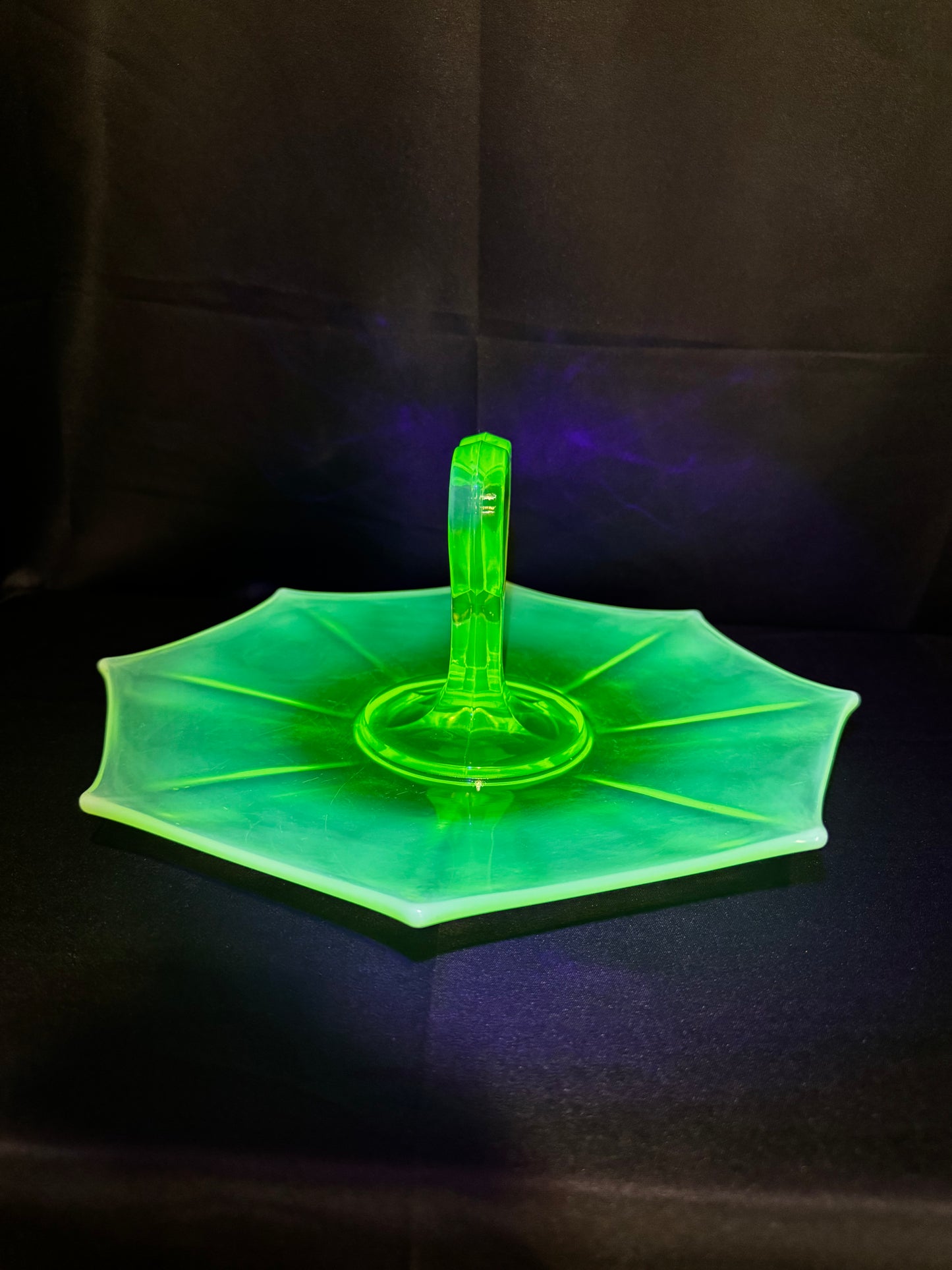 Vintage Uranium Glass Tidbit 12” Tray Heart Handle Bon Bon Dish UV Glow
