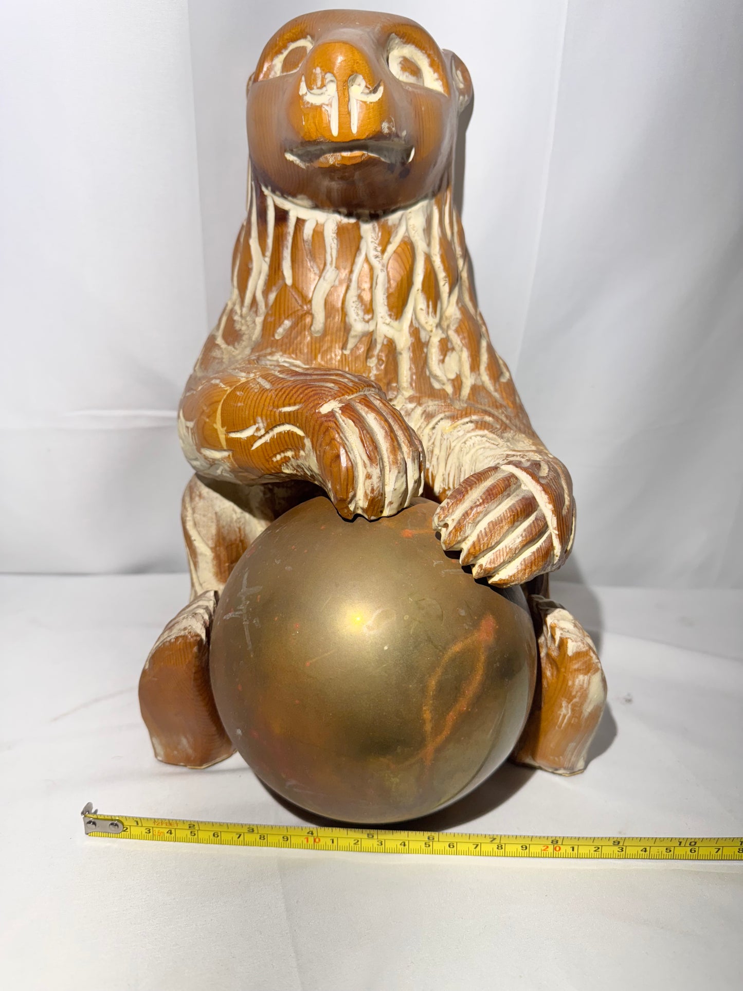 Vintage Hand-Carved Sarreid Ltd. Bear Sculpture Holding Brass Ball – Made in Spain – 1970s
