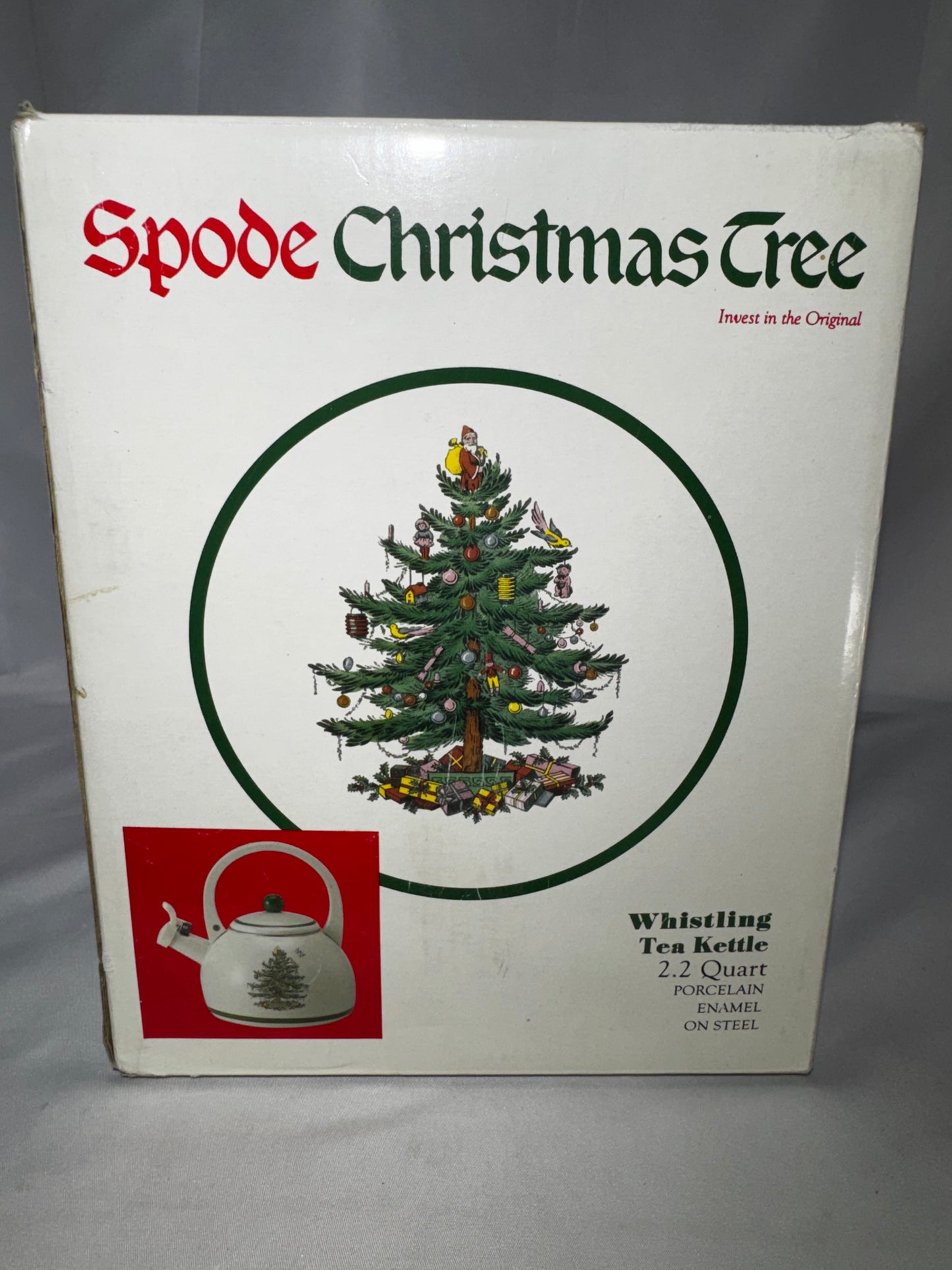 Spode Christmas Tree Enamel on Steel Whistling Tea Kettle 2.2 Qt w/ Original Box Holiday