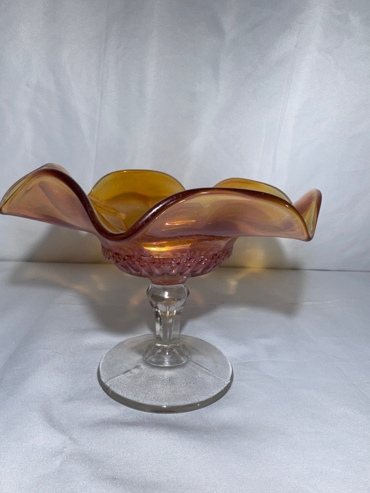 Vintage Marigold Carnival Glass Ruffled Pedestal Compote / Candy Dish 1920’s