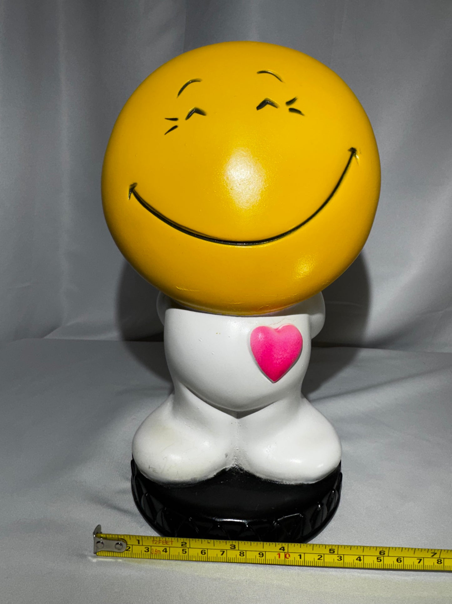 Vintage 1971 Play Pal Plastics Yellow Smiley Face Coin Bank 11” Blow Mold Heart