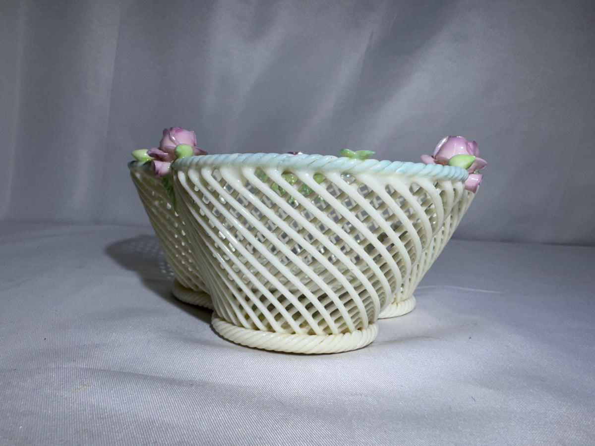 Vintage Irish Belleek Porcelain Four-Strand Woven Basket with Pink Roses – Made in Ireland