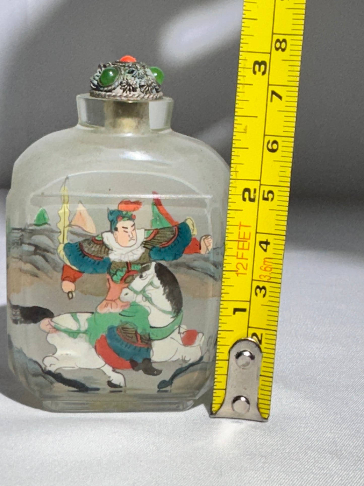 Antique Chinese Inside Painted Glass Snuff Bottle – Man with White Horse & Man Training Brown Horse – Original Metal Topper with Possible Jade & Coral