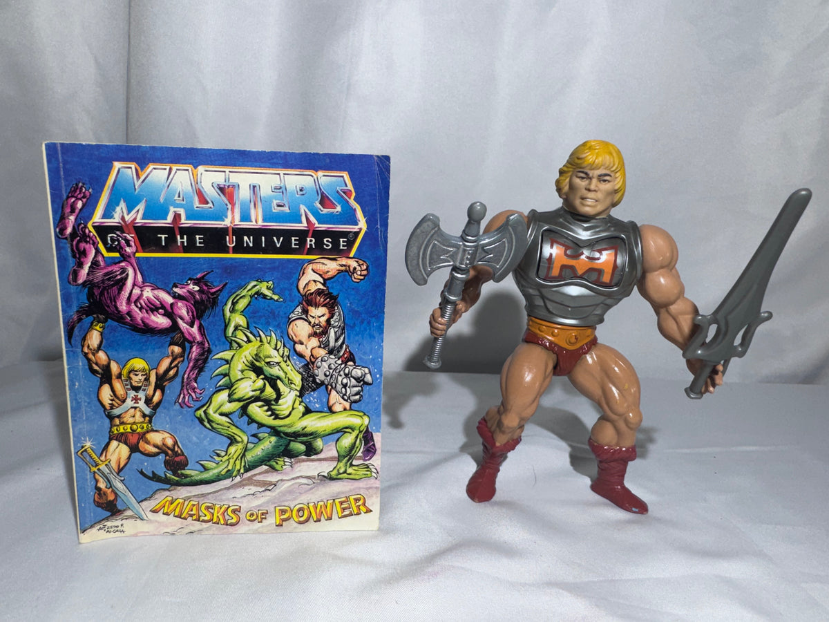 Vintage 1983 Mattel Masters of the Universe Battle Armor He-Man with Masks of Power Mini-Comic