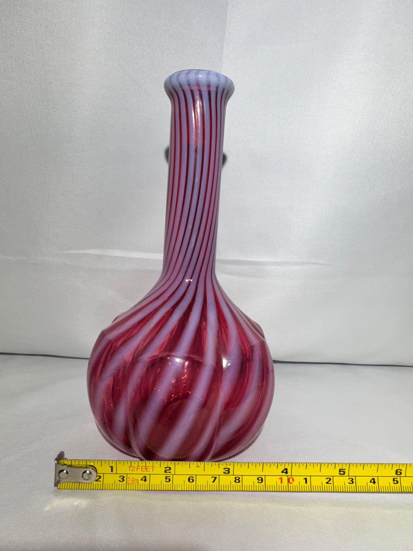 Cranberry Opalescent Barber Bottle – Melon Base Spiral Optic Glass