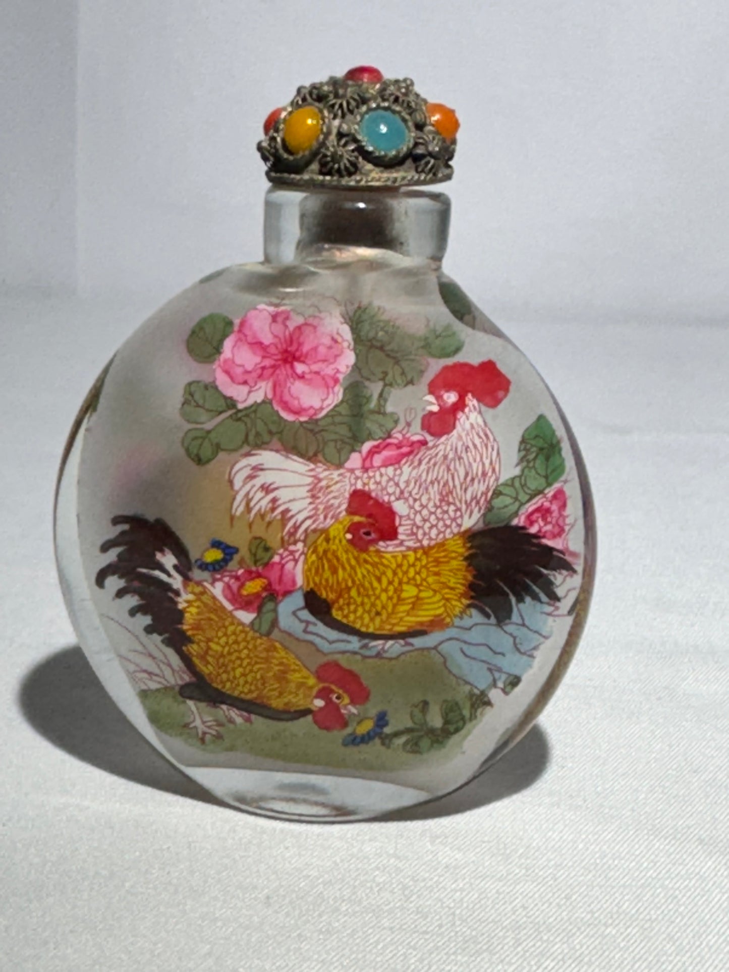 Chinese Reverse Hand Painted Glass Snuff Bottle – Dual Rooster Scene, Oval Shape