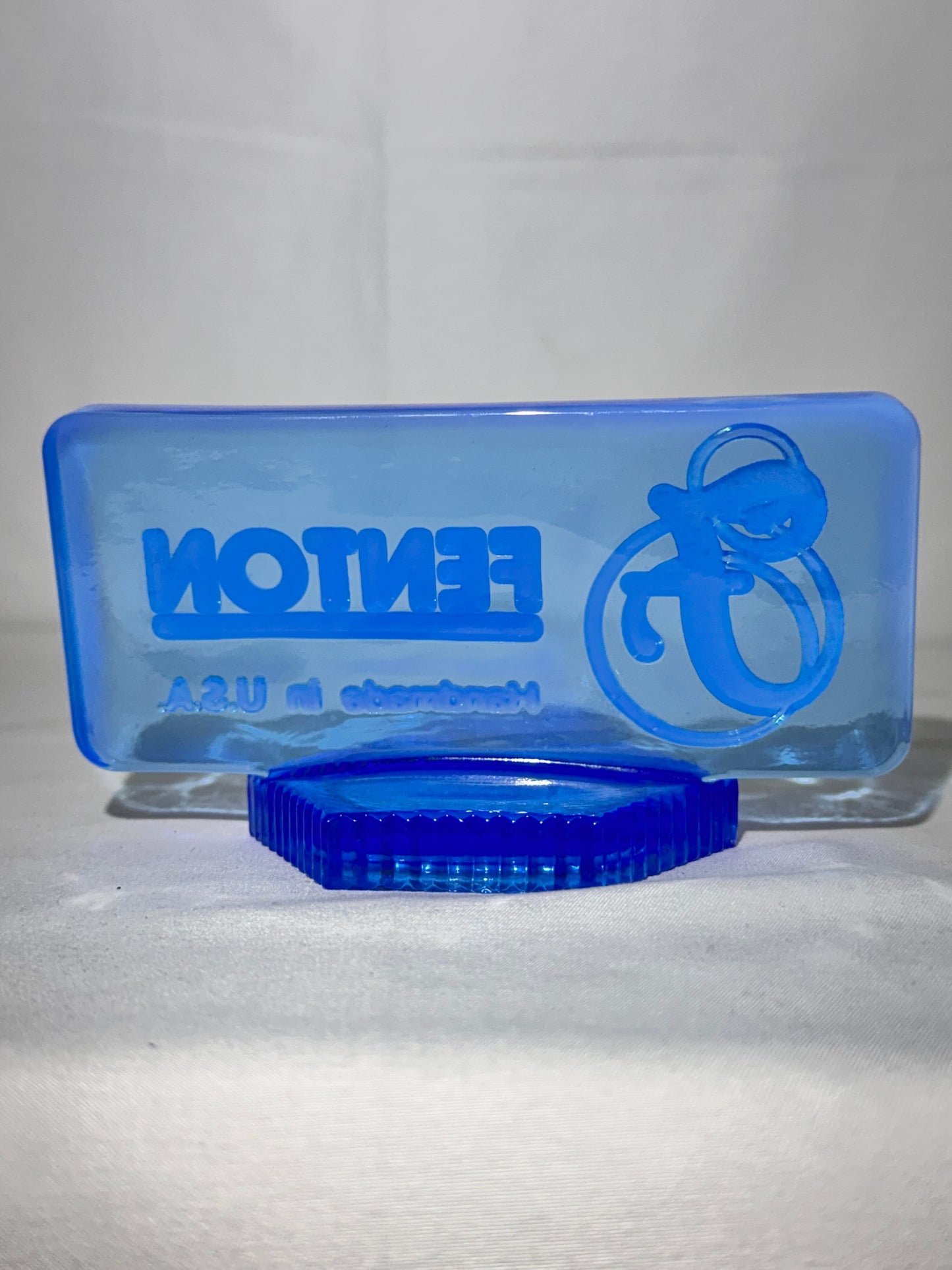 Fenton Blue Glass Logo Display Paperweight – Handmade in the USA – Dealer Point of Sale (1990s)