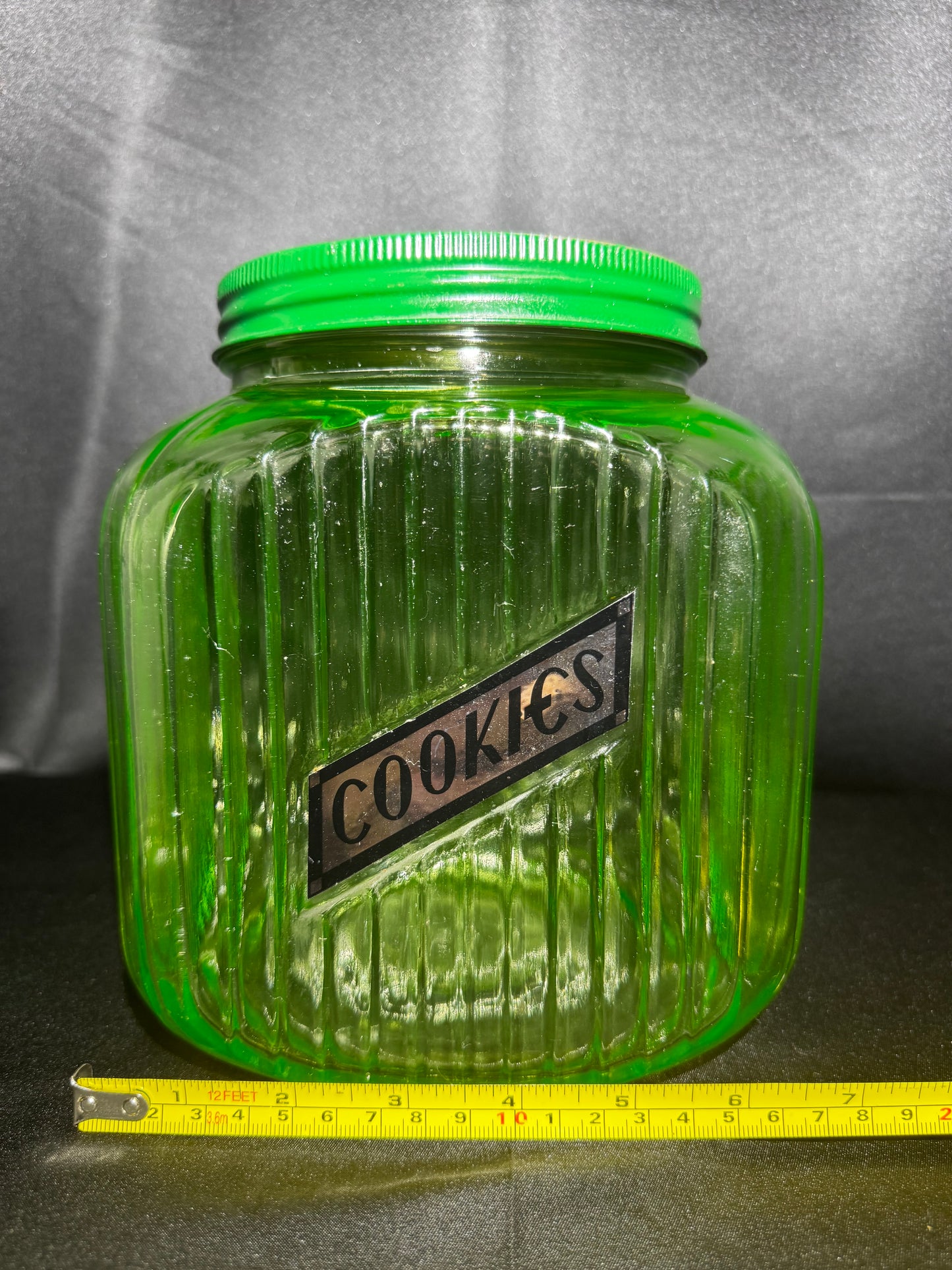 Vintage 1930s Uranium Glass Hoosier Cookie Canister w/ Green Lid & Original Sticker UV Glow