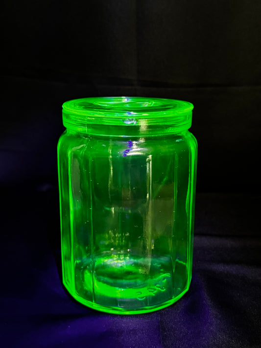 Vintage Hazel Atlas Uranium Glass Canister Green Paneled Depression Glass UV Glow 6-K-345