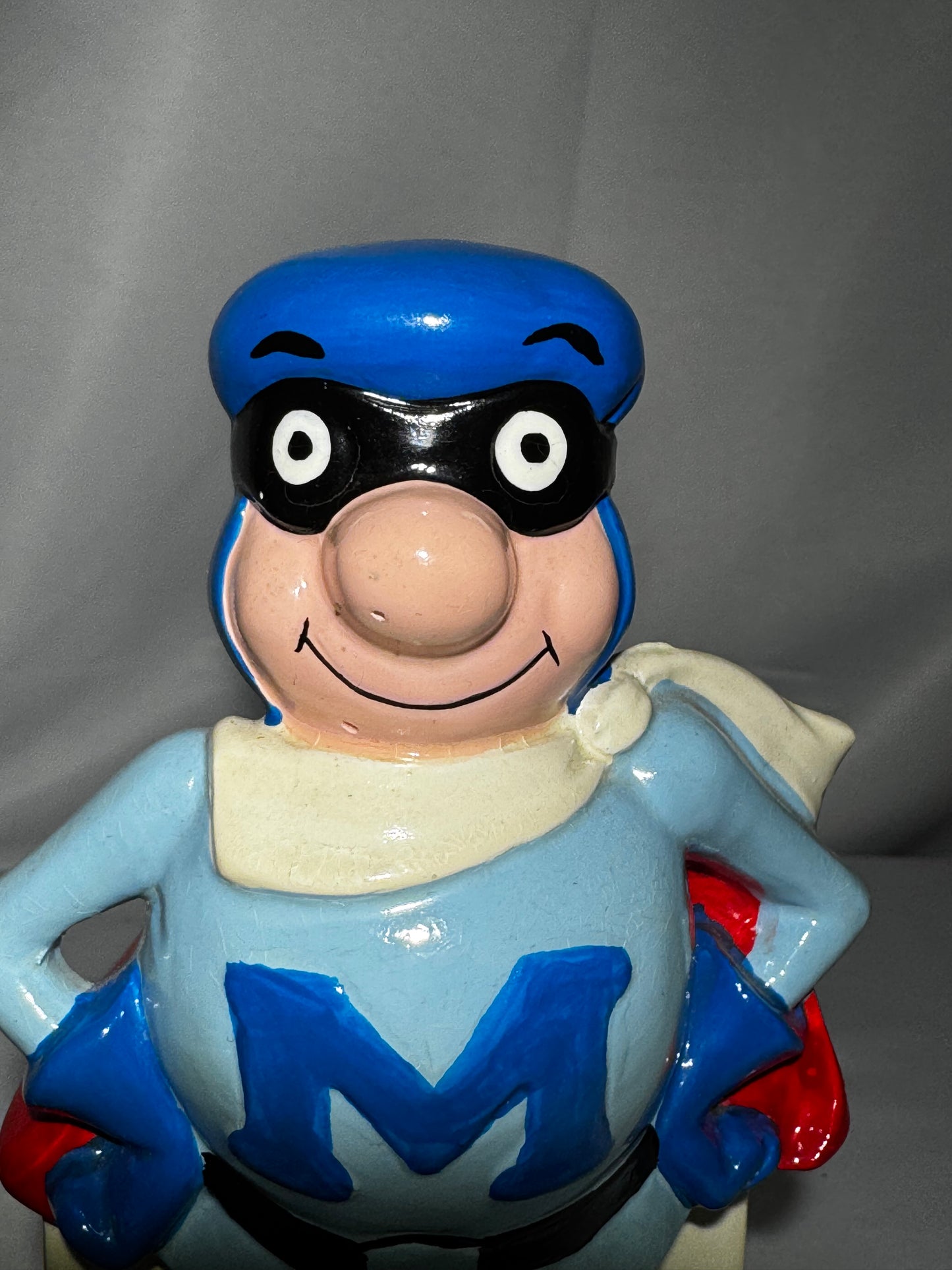 Vintage Rainier Bank M-Man Superhero Ceramic Coin Bank Japan 1960s 6” w/ Stopper