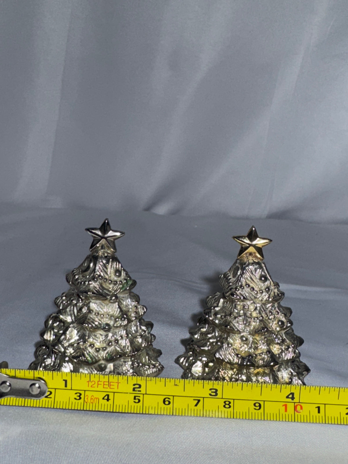 Vintage Godinger Silver Plated Christmas Tree Salt Pepper Shakers Gold Stars 2.5"