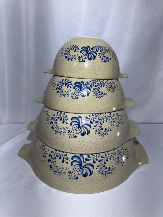 Vintage Pyrex Homestead Blue Floral Cinderella Mixing Bowl Set of 4 Nesting Bowls