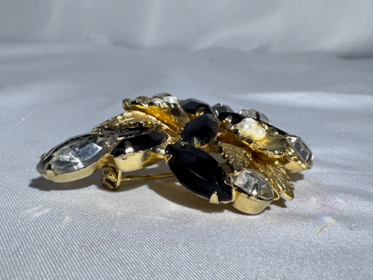 Vintage Weiss Style Black Rhinestone Floral Brooch Faux Pearl Gold Tone Unsigned