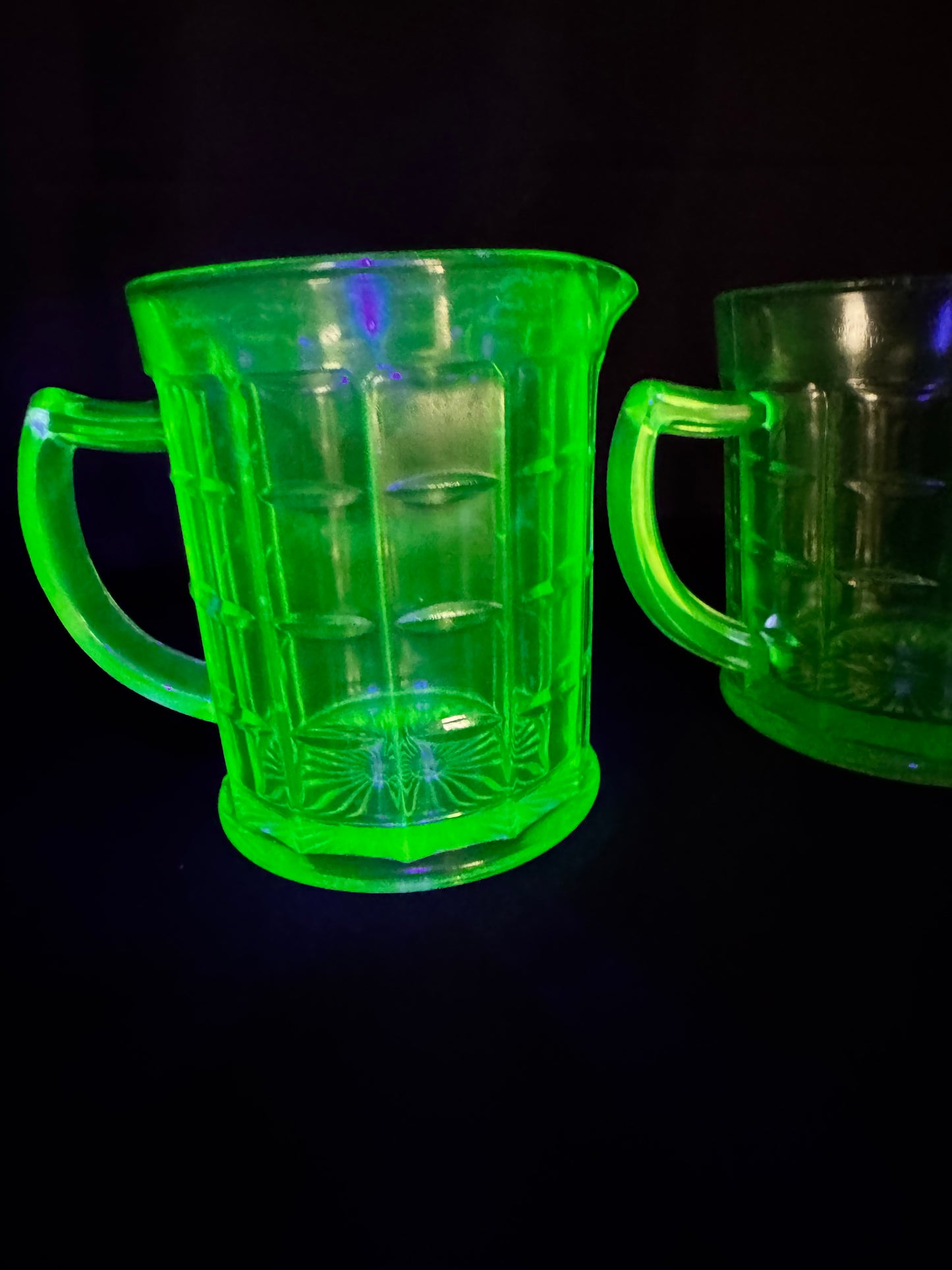 Vintage Hazel Atlas Colonial Block Green Uranium Depression Glass Creamer & Sugar Set