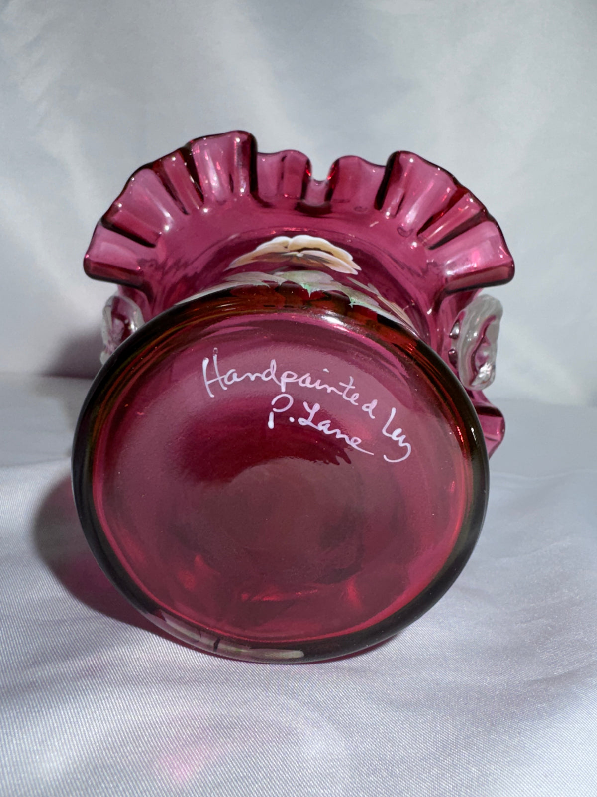 Vintage Fenton Cranberry Art Glass Basket – Hand-Painted Pansies – Ruffled Rim -signed P.Lane