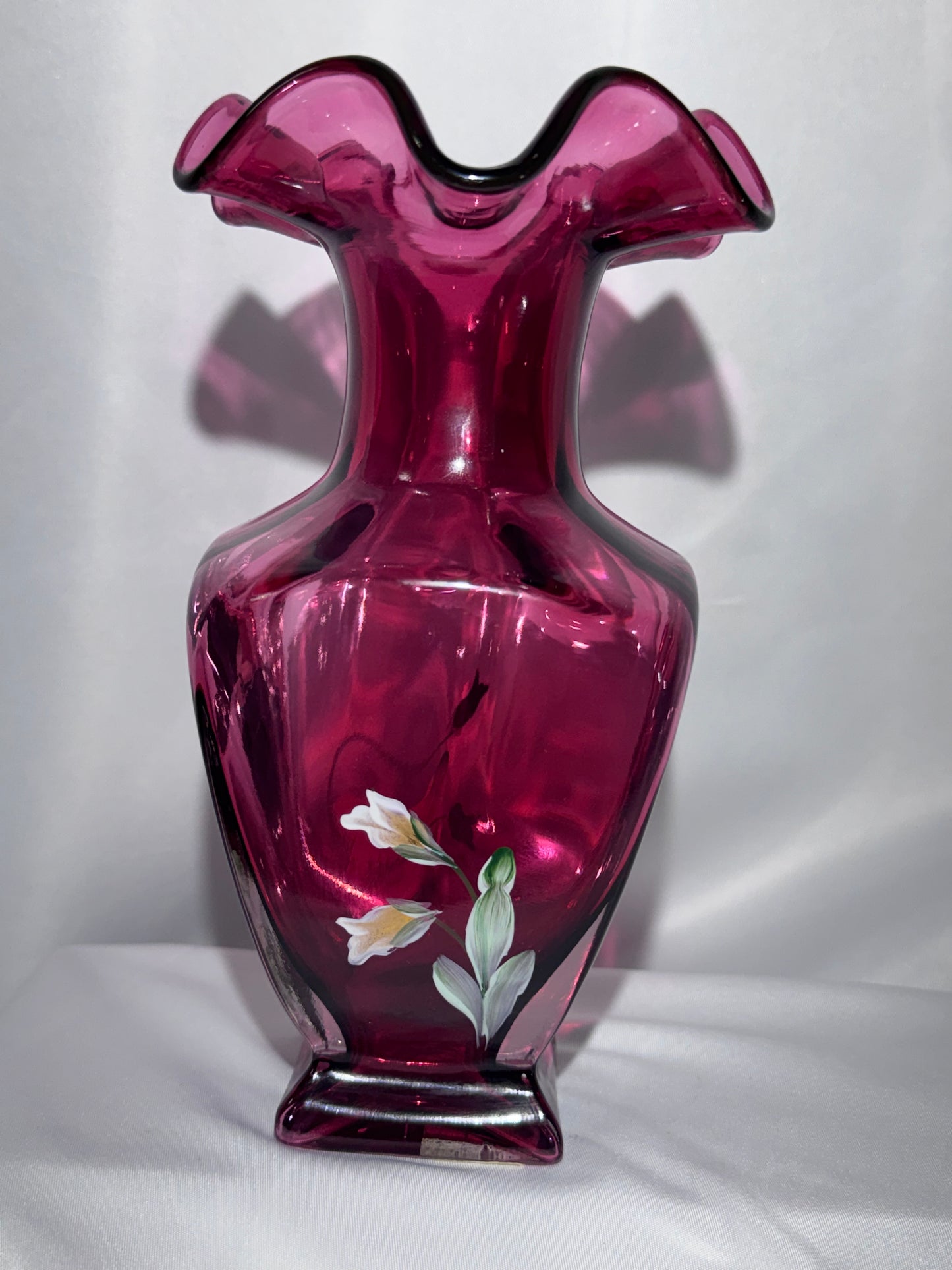 Fenton 1999 Hand Painted Cranberry Cased Glass Square Vase Pansies Signed 7.5”