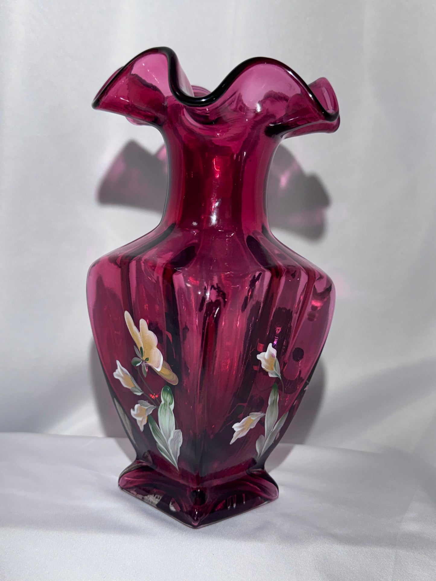 Fenton 1999 Hand Painted Cranberry Cased Glass Square Vase Pansies Signed 7.5”