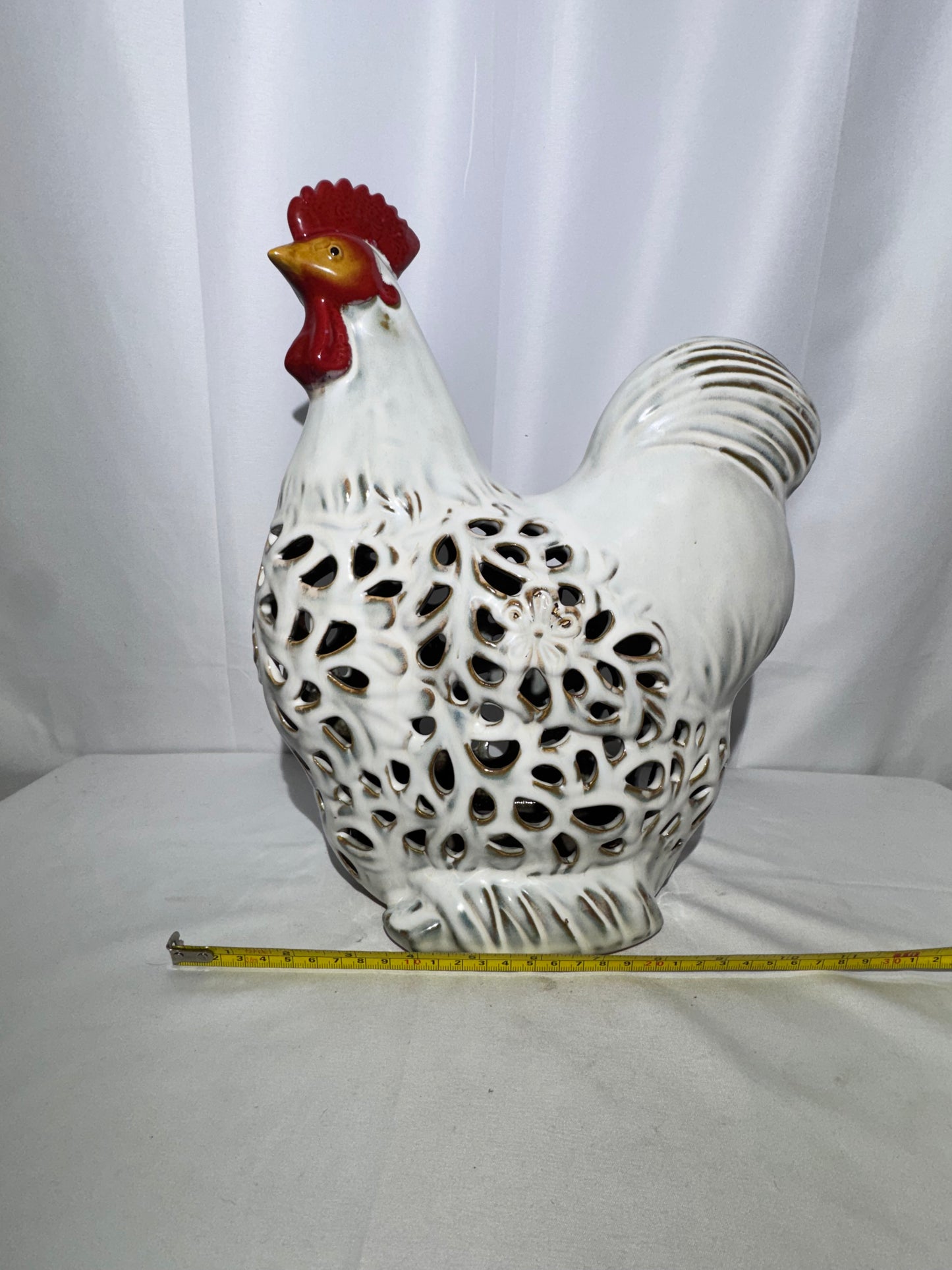 White Ceramic Openwork Rooster Figurine – Decorative Farmhouse Accent – 13” Tall