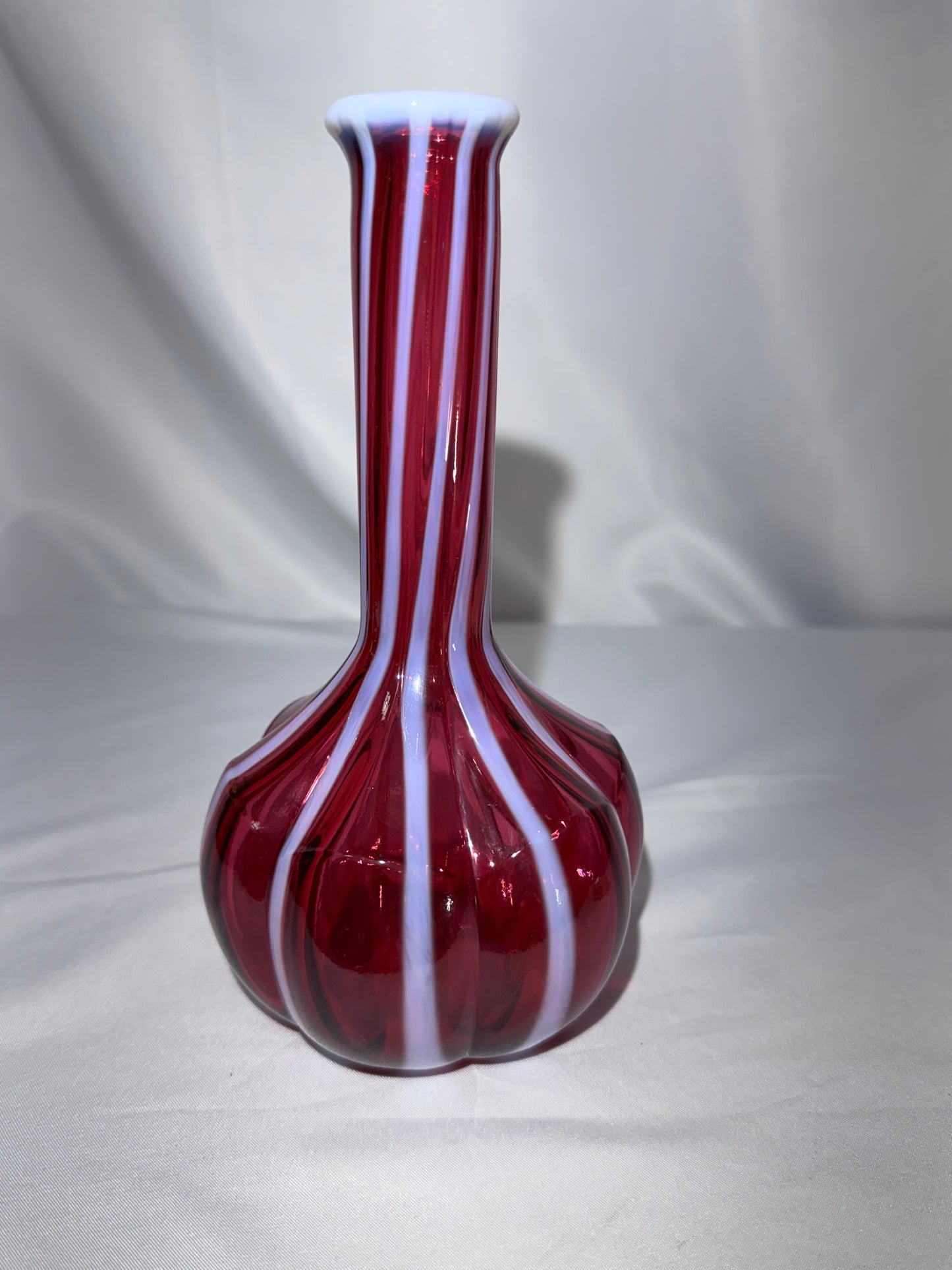 Vintage Fenton Cranberry Opalescent Rib Optic Barber Bottle / Bud Vase – 7.5”