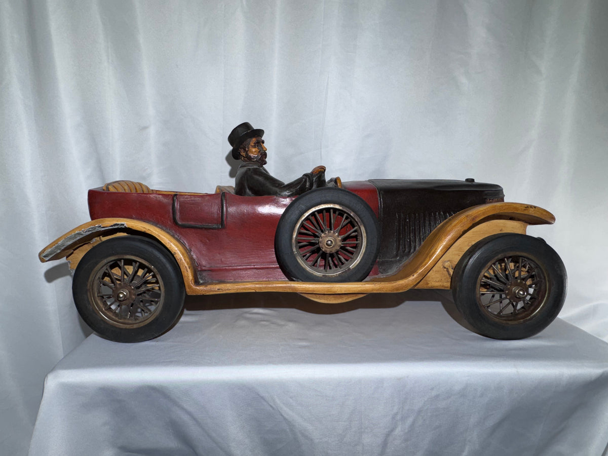 Antique Style 1913 Touring Car Wooden Sculpture Hand Painted Driver Top Hat 26.5” Read