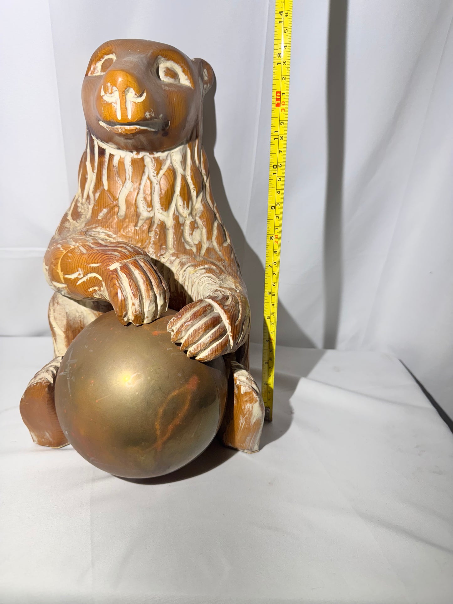 Vintage Hand-Carved Sarreid Ltd. Bear Sculpture Holding Brass Ball – Made in Spain – 1970s