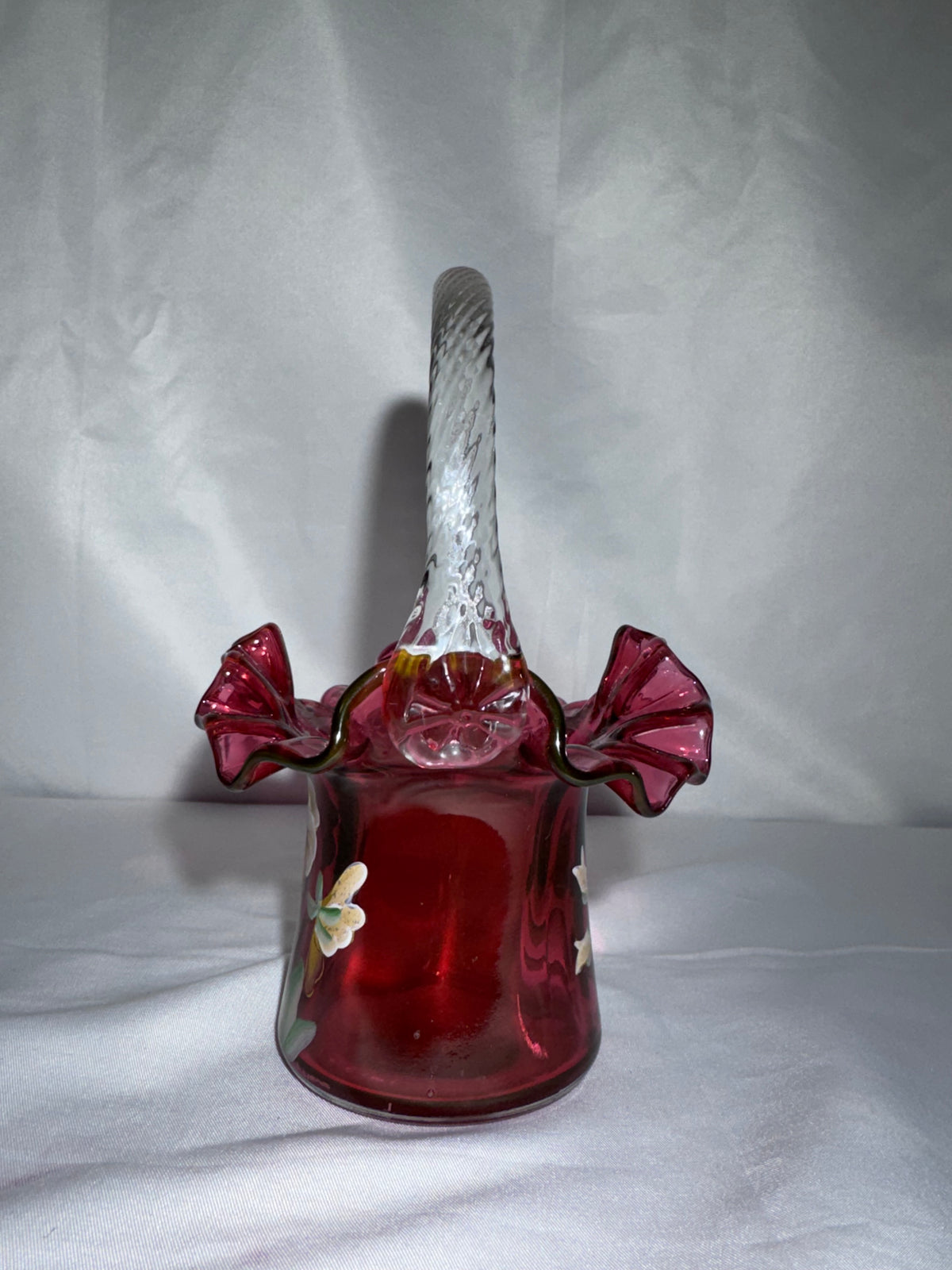 Vintage Fenton Cranberry Art Glass Basket – Hand-Painted Pansies – Ruffled Rim -signed P.Lane