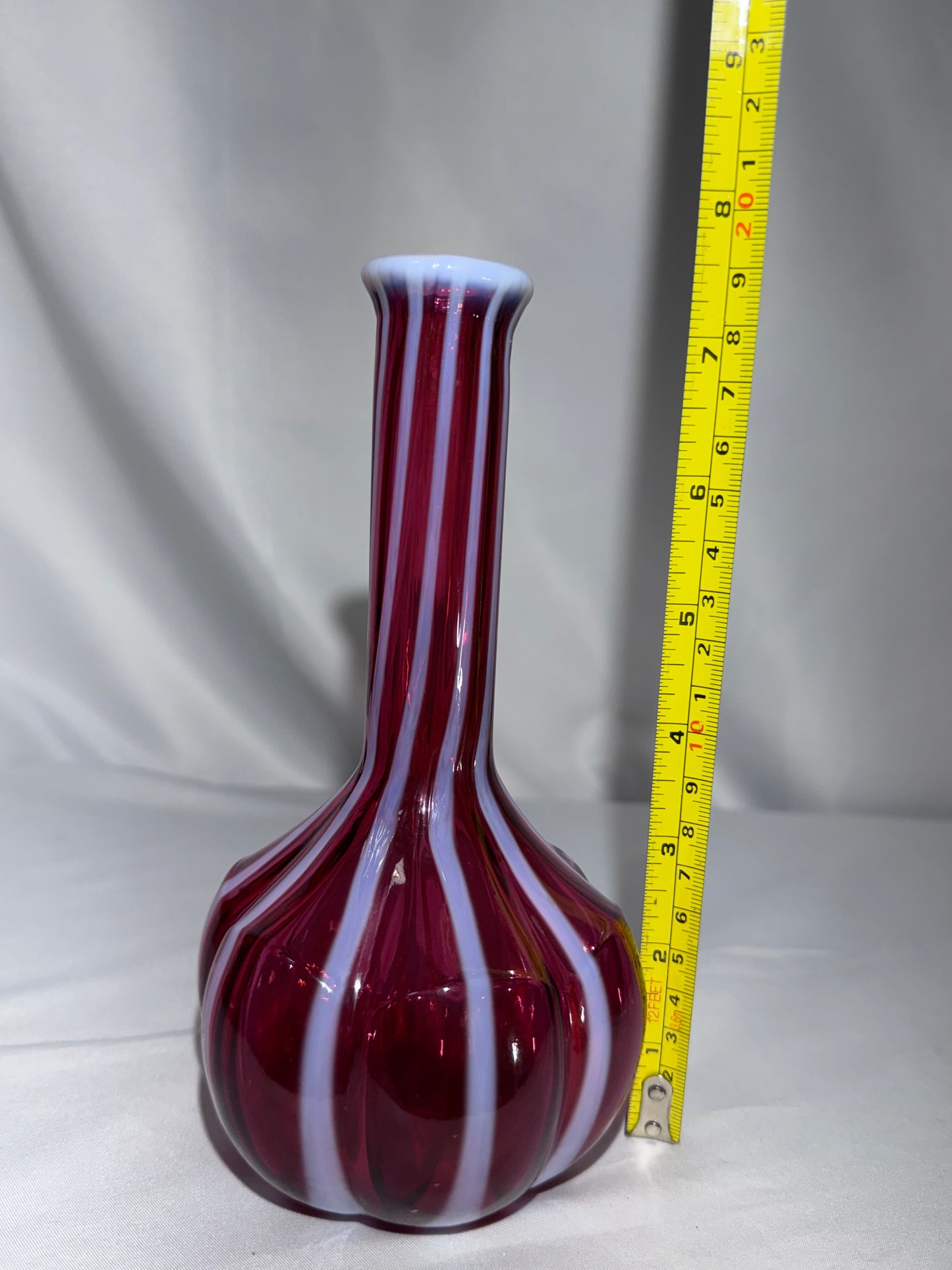 Vintage Fenton Cranberry Opalescent Rib Optic Barber Bottle / Bud Vase – 7.5”