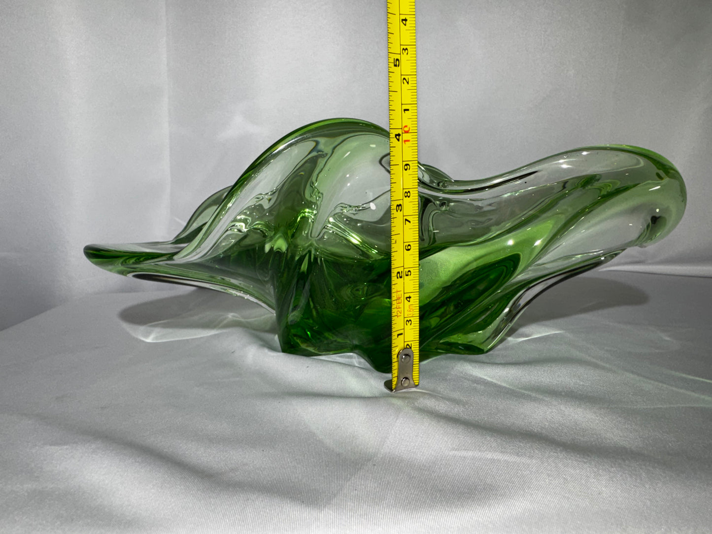 Vintage Mid-Century Emerald Green Hand Blown Art Glass Freeform Console Bowl 12”