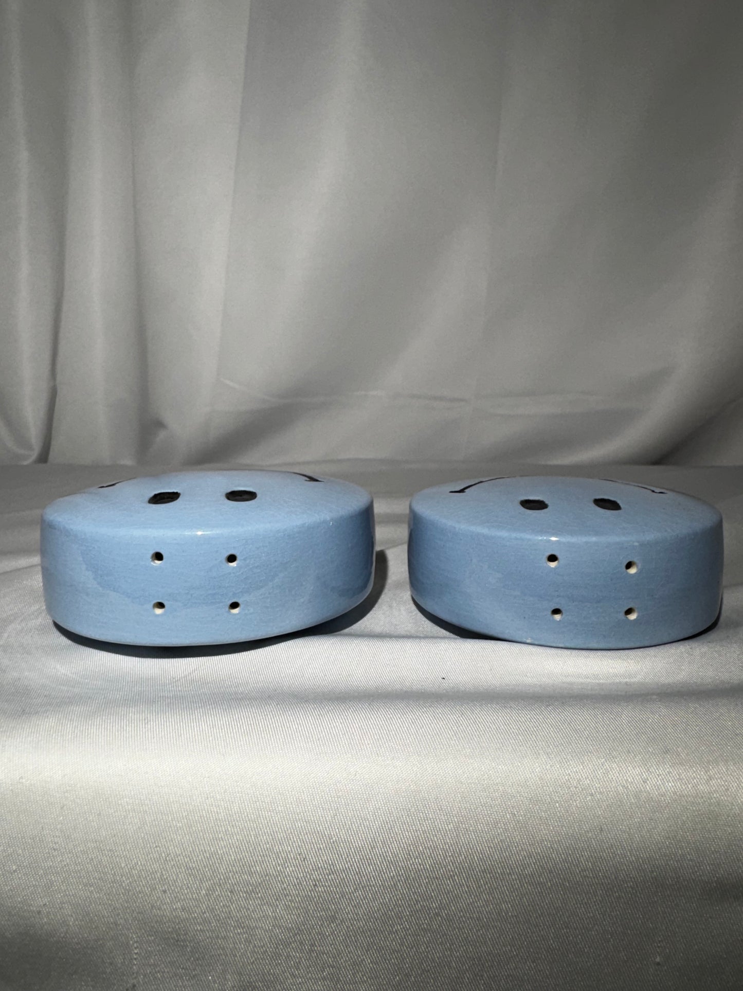 Vintage Blue Smiley Face Salt & Pepper Shakers Ceramic Happy Face Set Retro 1970s