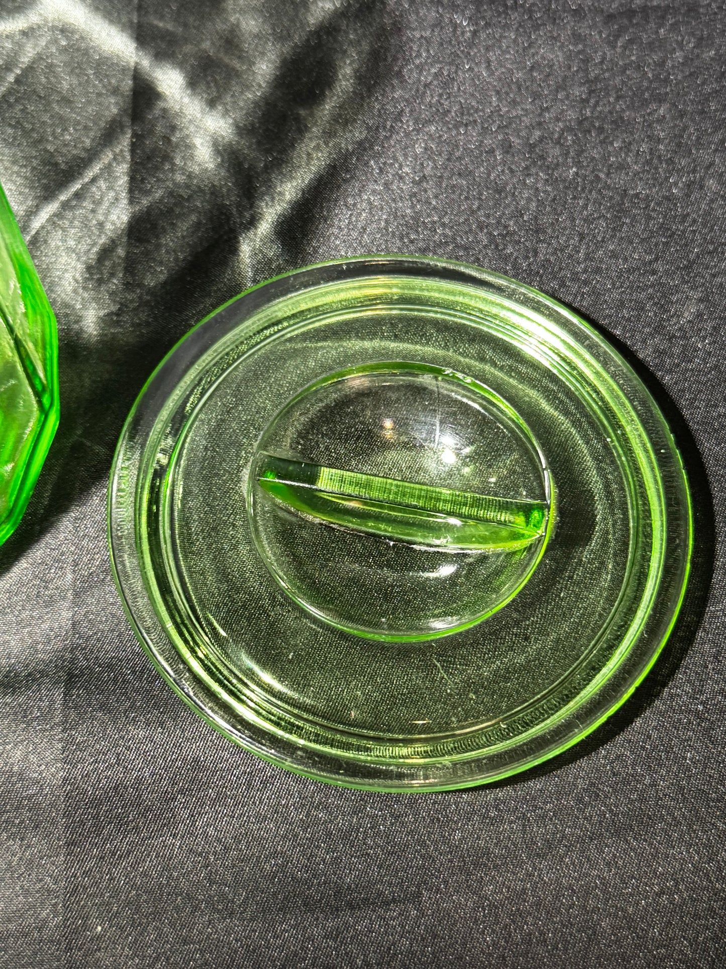 Vintage Hazel Atlas Uranium Glass Canister Green Paneled Depression Glass UV Glow 6-K-345