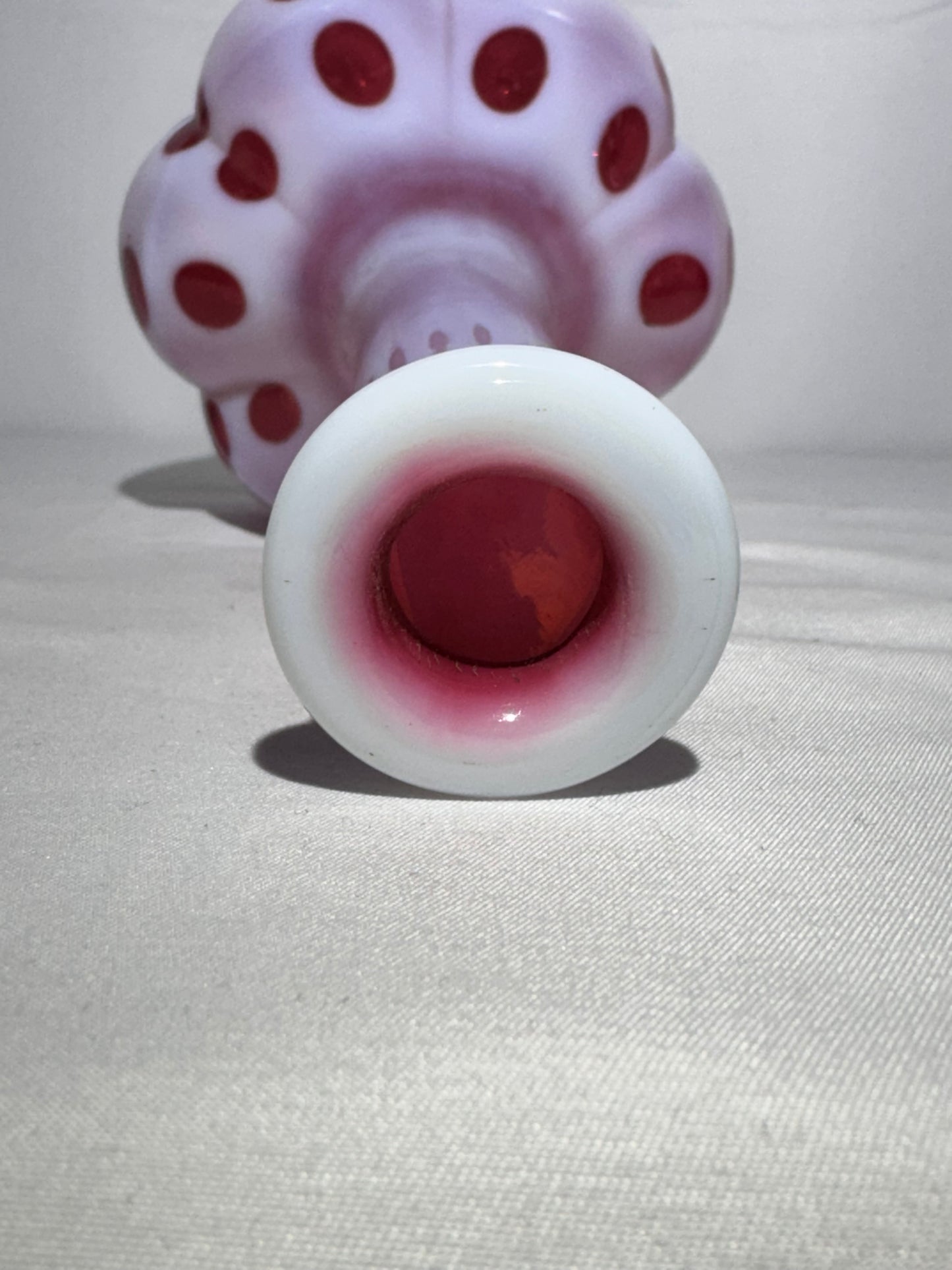 Vintage Cranberry & White Coin Dot Barber Bottle w/ Original Topper