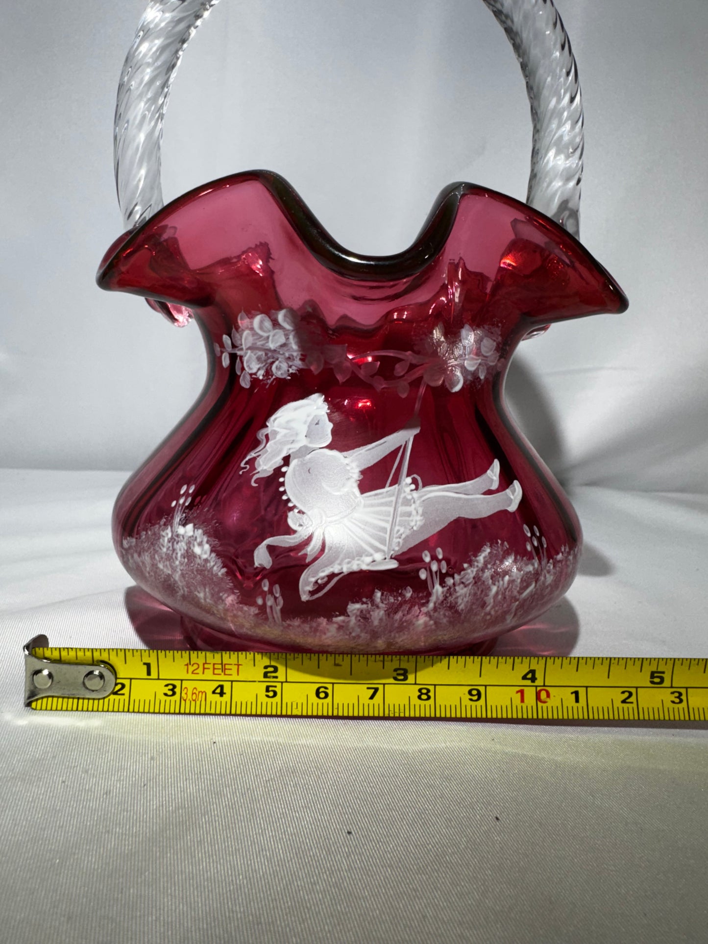 Fenton Art Glass Cranberry Basket Mary Gregory Child on Swing Hand-Painted #790/1500 Signed
