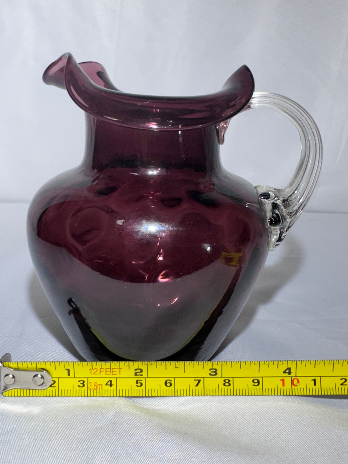 Vintage Hand-Blown Purple Amethyst Glass Coin Dot Small Pitcher / Creamer Ruffled Rim 1940’s-1950’s
