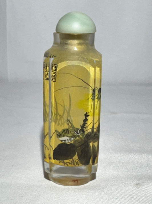Antique Chinese Inside Hand Painted Glass Snuff Bottle – Crickets, Calligraphy & Artist Signature – Stone Topper