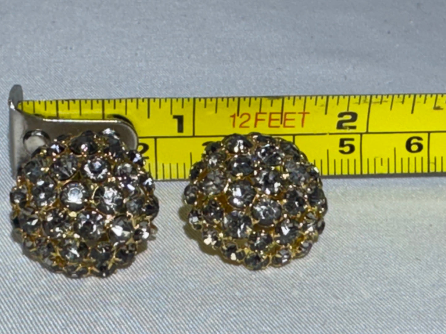 Vintage 1940s Castlecliff Clip-On Earrings – Gold-Tone Dome with Blue-Gray Rhinestones