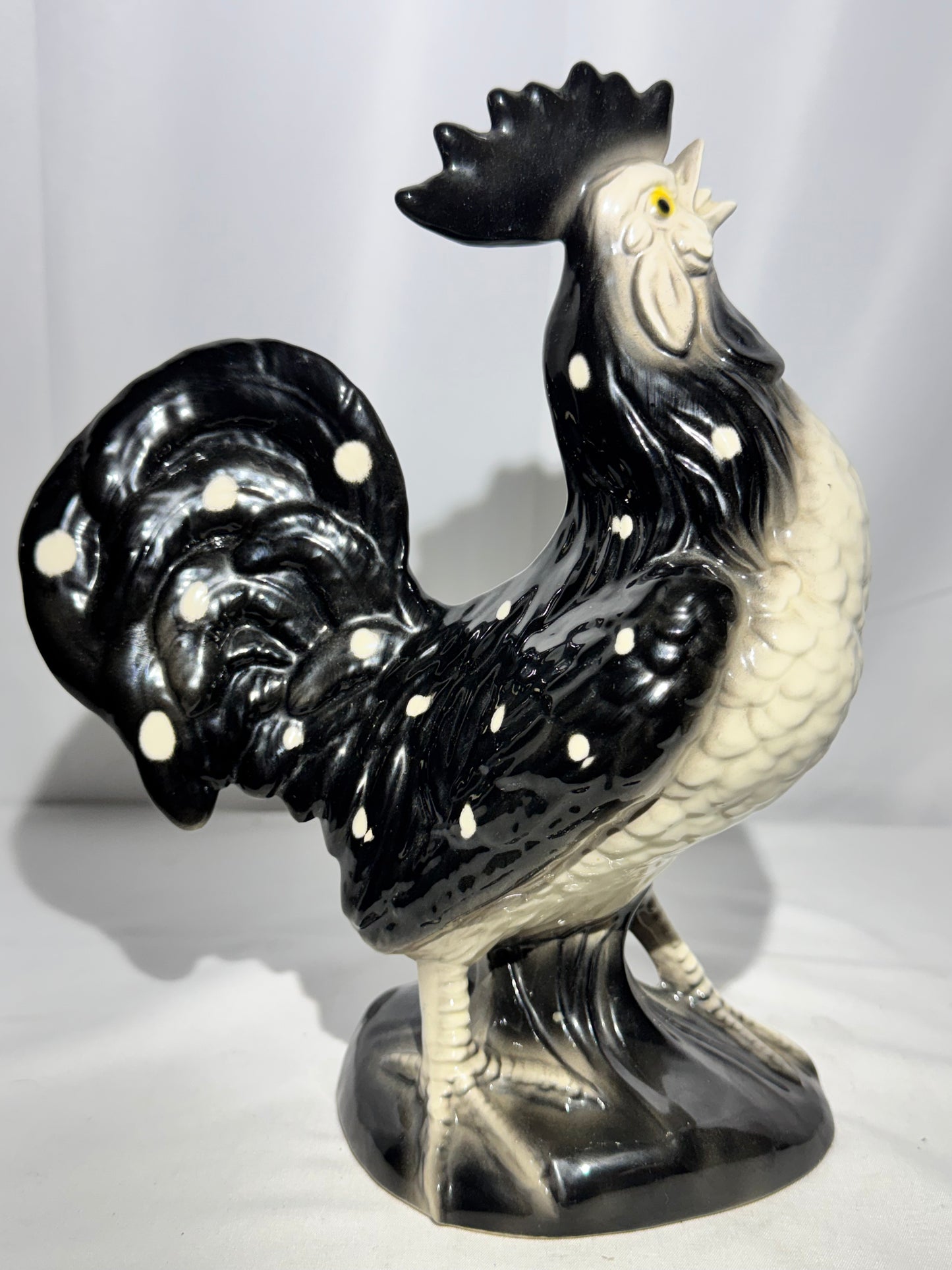 Black & White Polka Dot Rooster Ceramic Figurine – 9.5” Tall