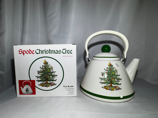 Spode Christmas Tree 2.5 Qt Whistling Tea Kettle Porcelain Enamel on Steel w/ Box