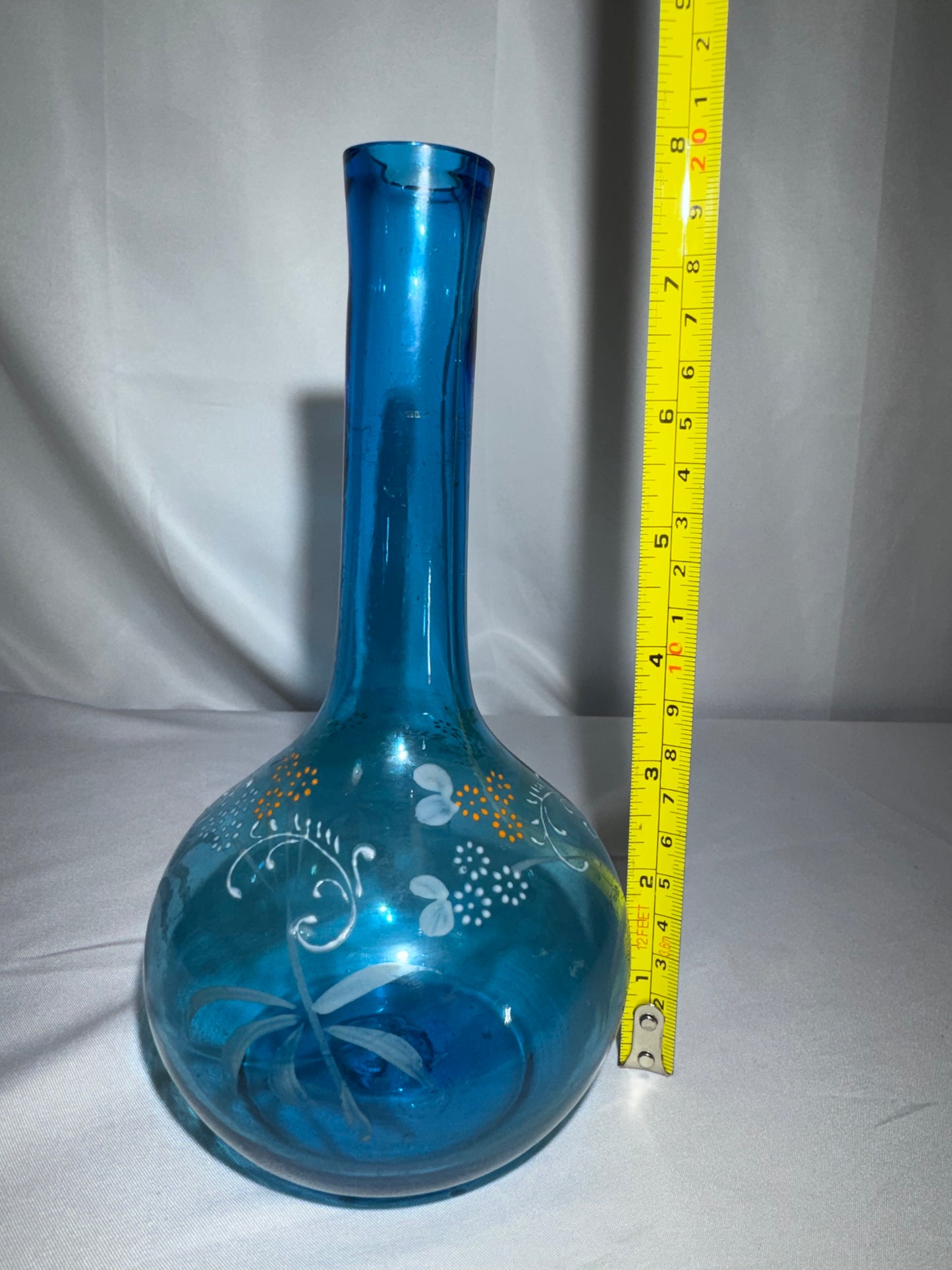 Antique Victorian Hand-Blown Blue Glass Barber Bottle – Hand-Painted Floral Enamel
