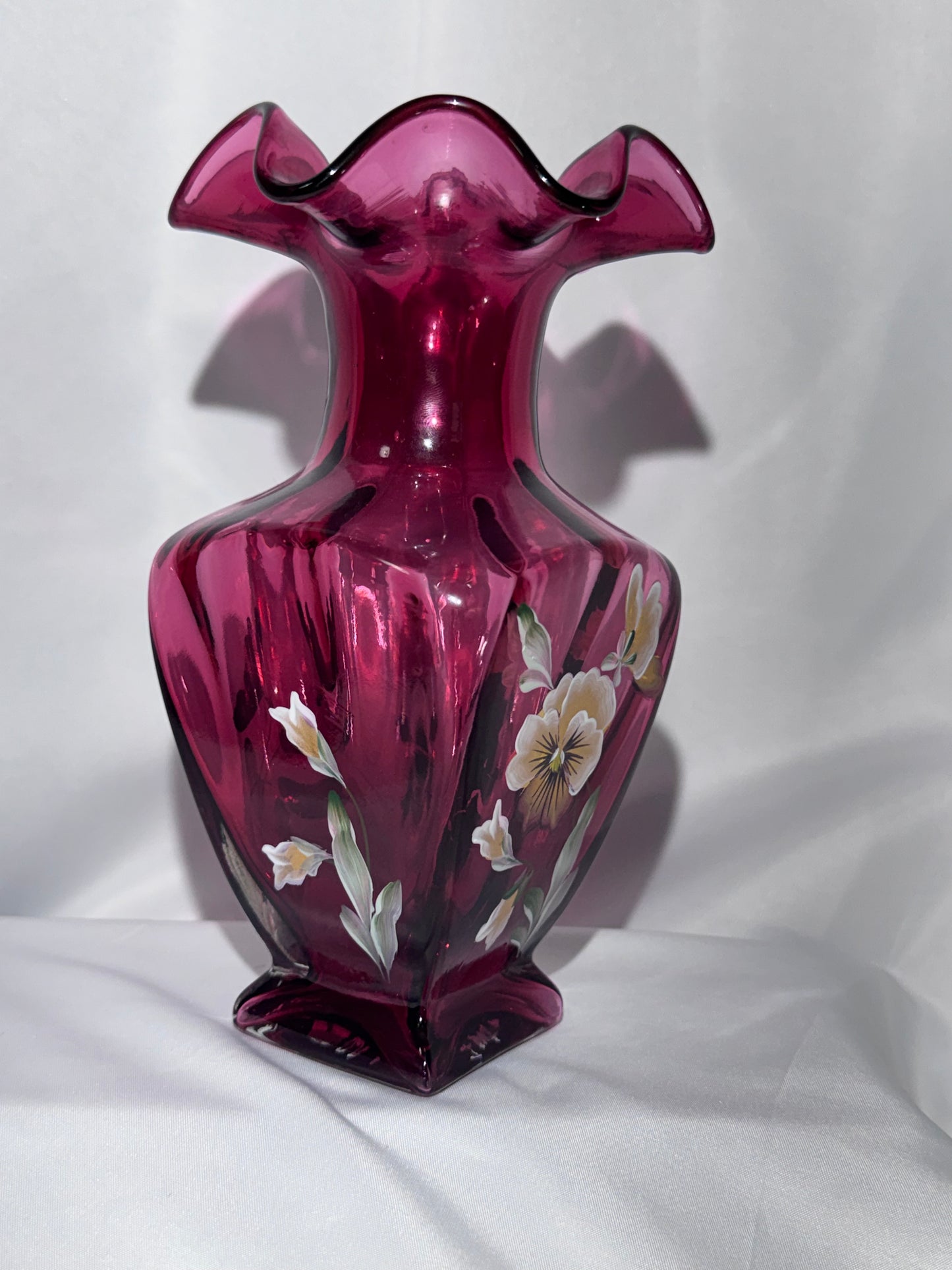Fenton 1999 Hand Painted Cranberry Cased Glass Square Vase Pansies Signed 7.5”