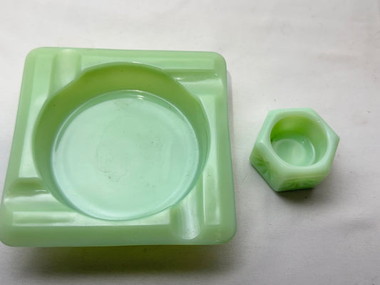 Vintage Jadeite Glass Ashtray Set – Fire-King & Hexagonal Floral Piece