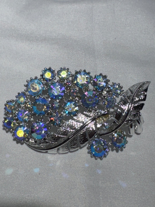 Vintage Coro Aurora Borealis Rhinestone Leaf Brooch Silver Tone Blue AB 1950s 60s