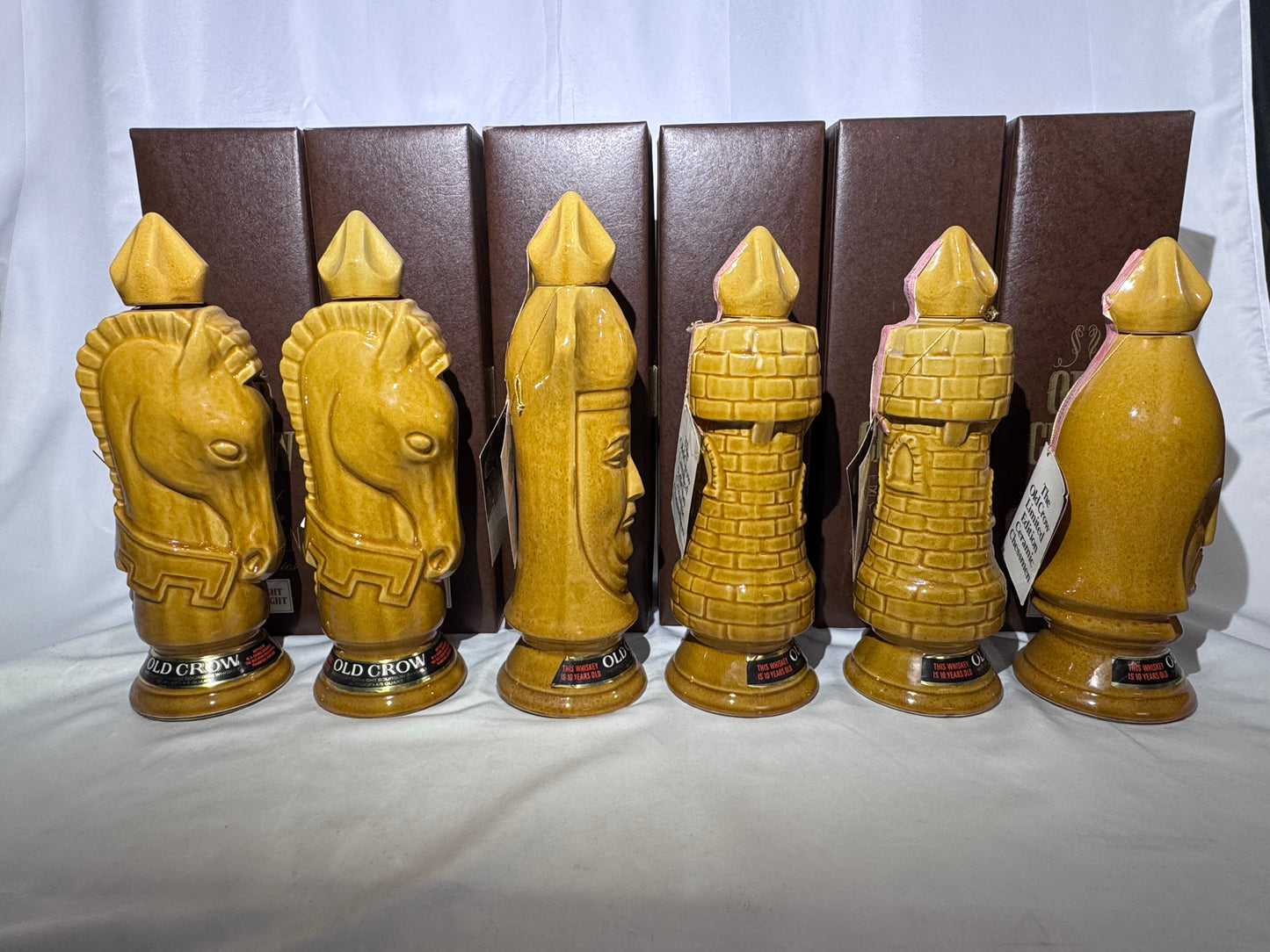 1969 Old Crow 10-Year Bourbon Chessmen Decanters Set 6 Gold Pieces Original Box