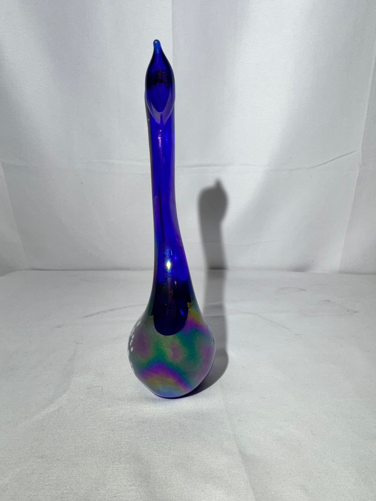 Blue Iridescent Carnival Glass Swan – Hand Painted Accent Wings – 7½”